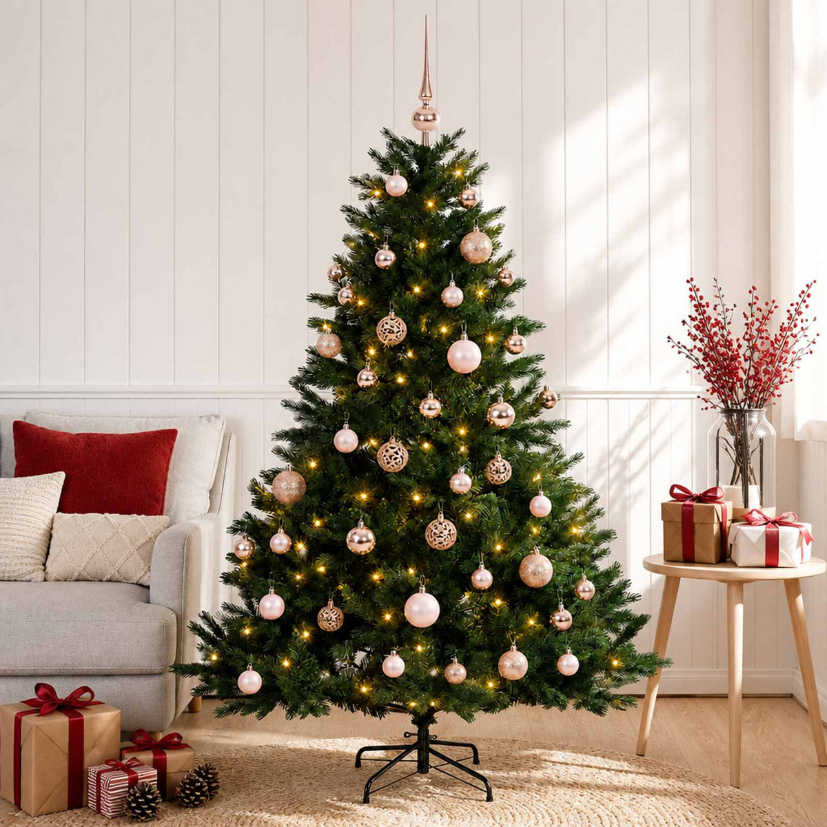 Konstgjord julgran med julkulor 120 cm 150 LED-lampor Varmvit
