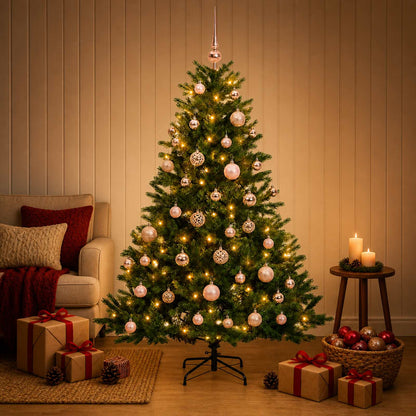 Konstgjord julgran med julkulor 120 cm 150 LED-lampor Varmvit