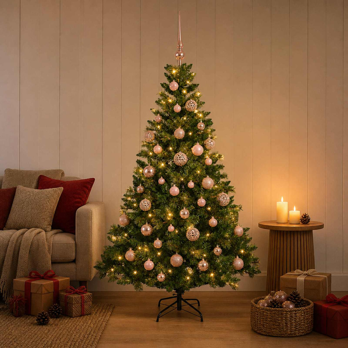 Konstgjord julgran med kulor 120 cm 150 LED-lampor Varmvit