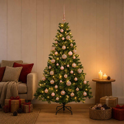 Konstgjord julgran med kulor 120 cm 150 LED-lampor Varmvit