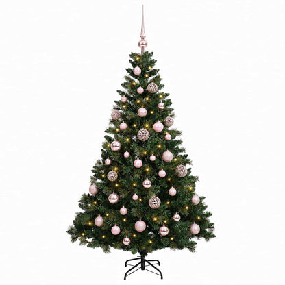 Konstgjord julgran med kulor 150 cm 150 LED-lampor Varmvit