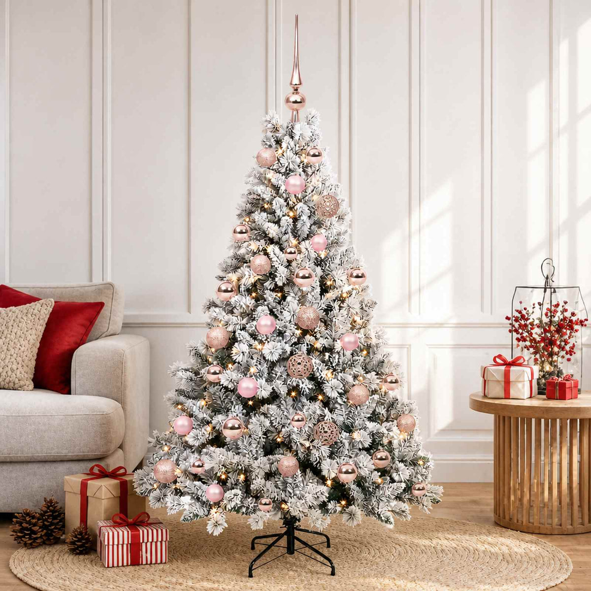 Konstgjord julgran med julkulor 120 cm 150 LED-lampor Varmvit