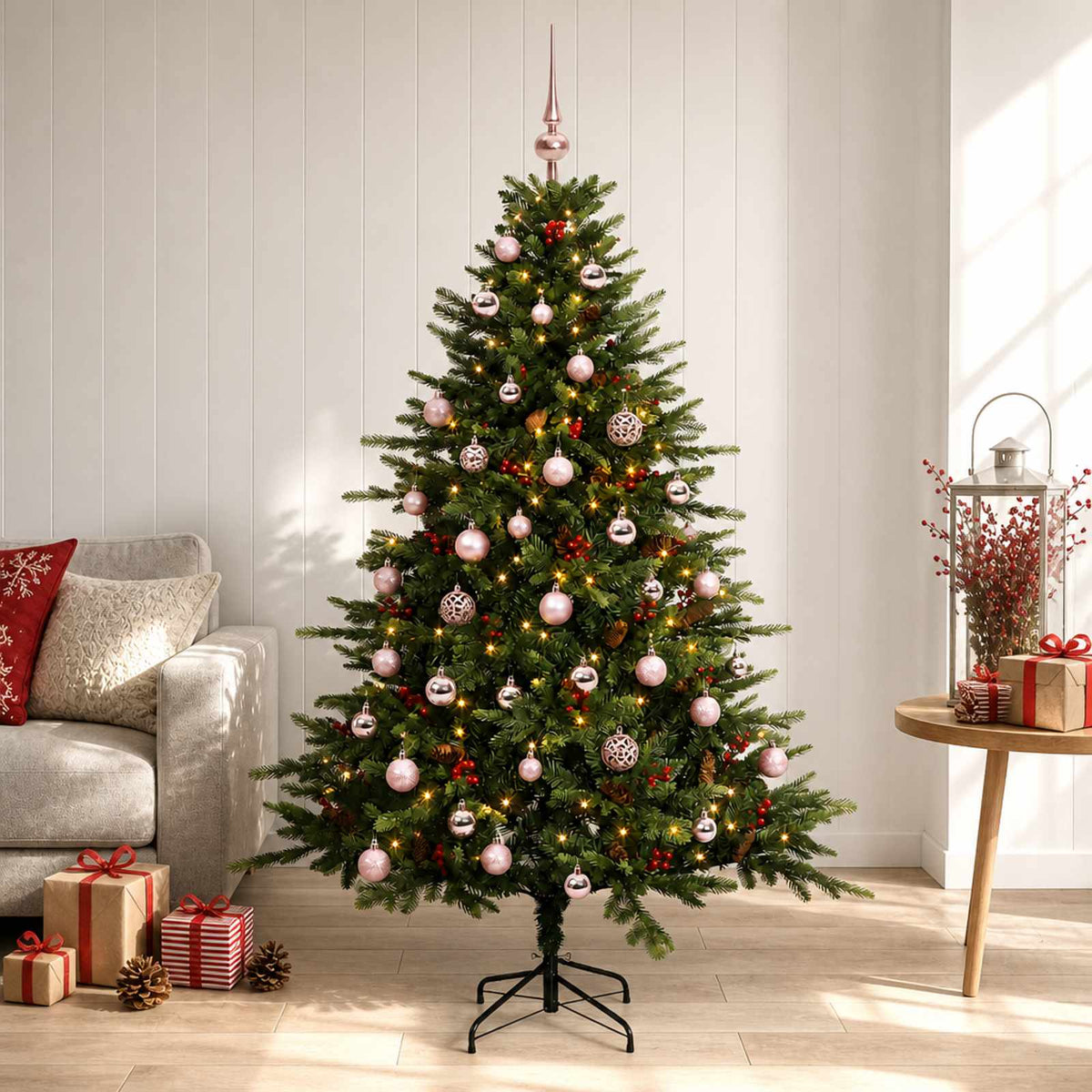 Konstgjord julgran med julkulor 150 cm 150 LED-lampor Varmvit