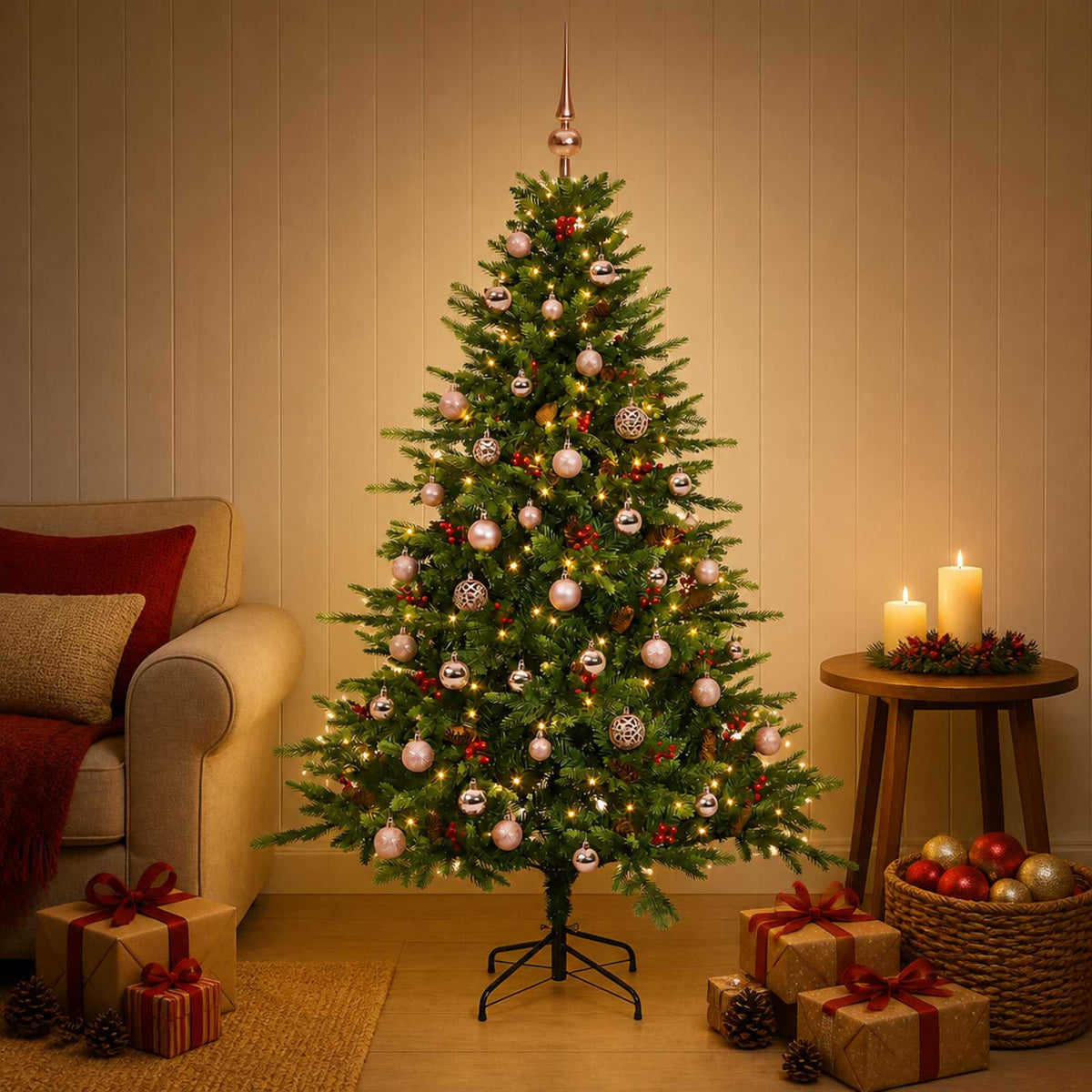 Konstgjord julgran med julkulor 150 cm 150 LED-lampor Varmvit