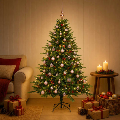 Konstgjord julgran med julkulor 120 cm 150 LED-lampor Varmvit