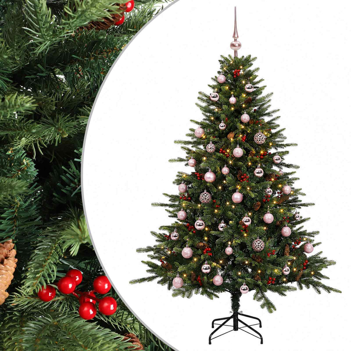 Konstgjord julgran med julkulor 150 cm 150 LED-lampor Varmvit