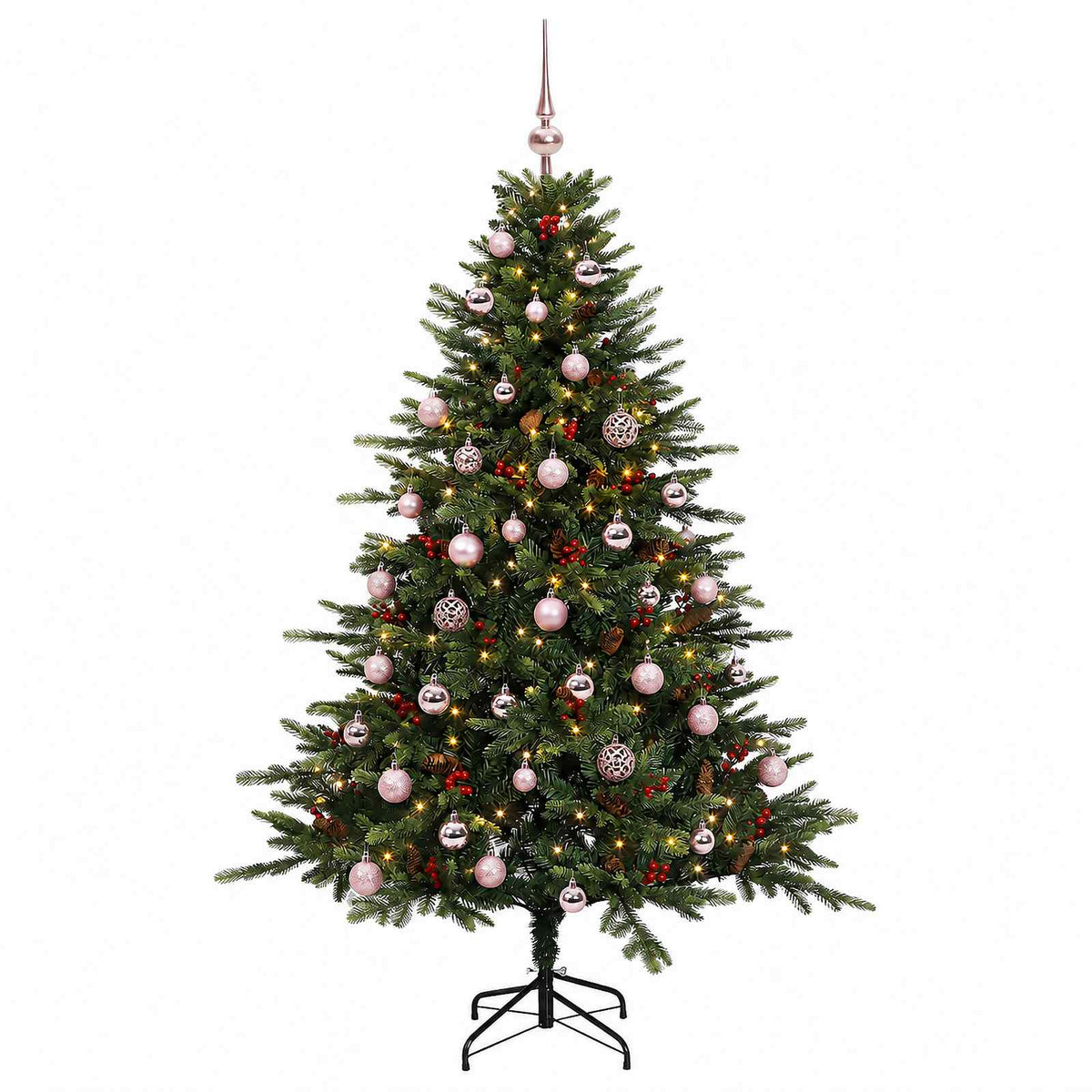 Konstgjord julgran med julkulor 150 cm 150 LED-lampor Varmvit