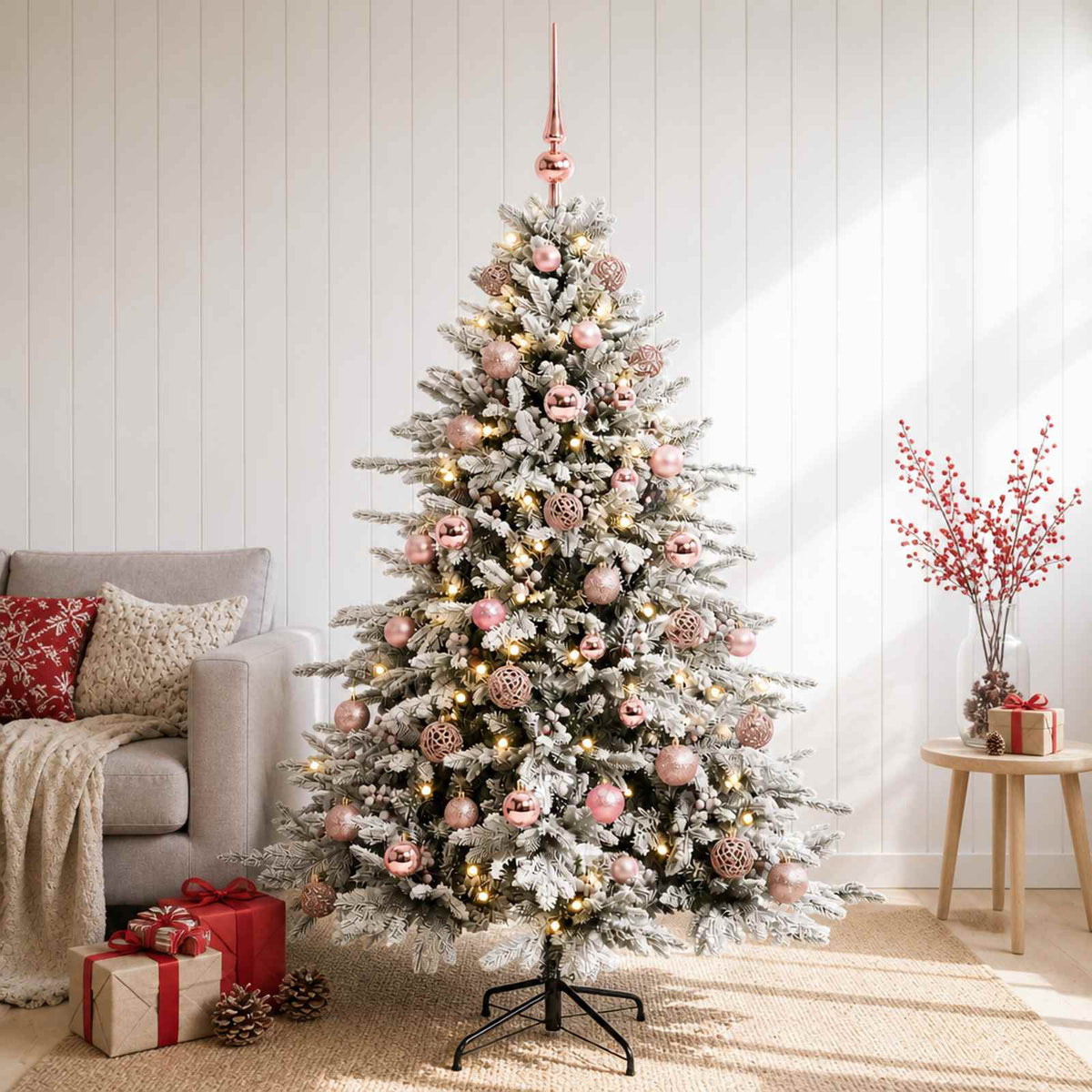 Konstgjord julgran med julkulor 150 cm 150 LED-lampor Varmvit