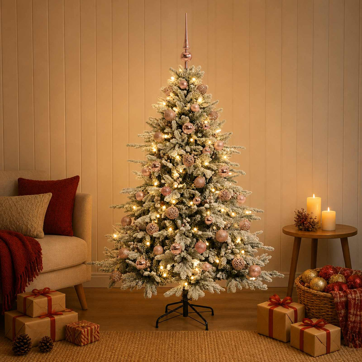 Konstgjord julgran med julkulor 120 cm 150 LED-lampor Varmvit