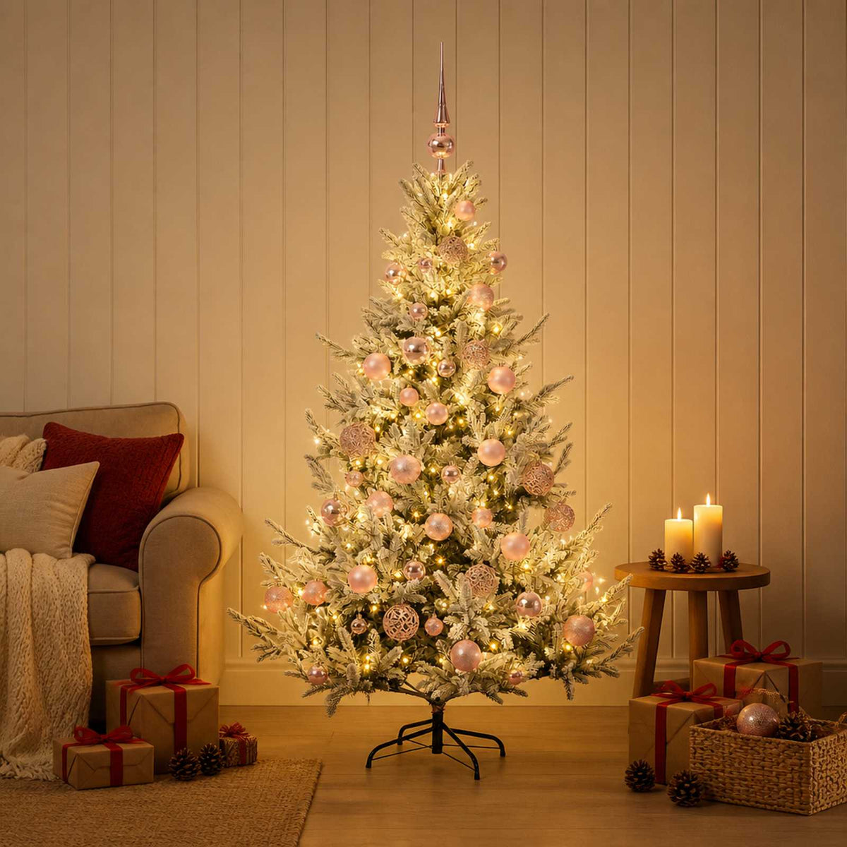 Konstgjord julgran med julkulor 150 cm 150 LED-lampor Varmvit
