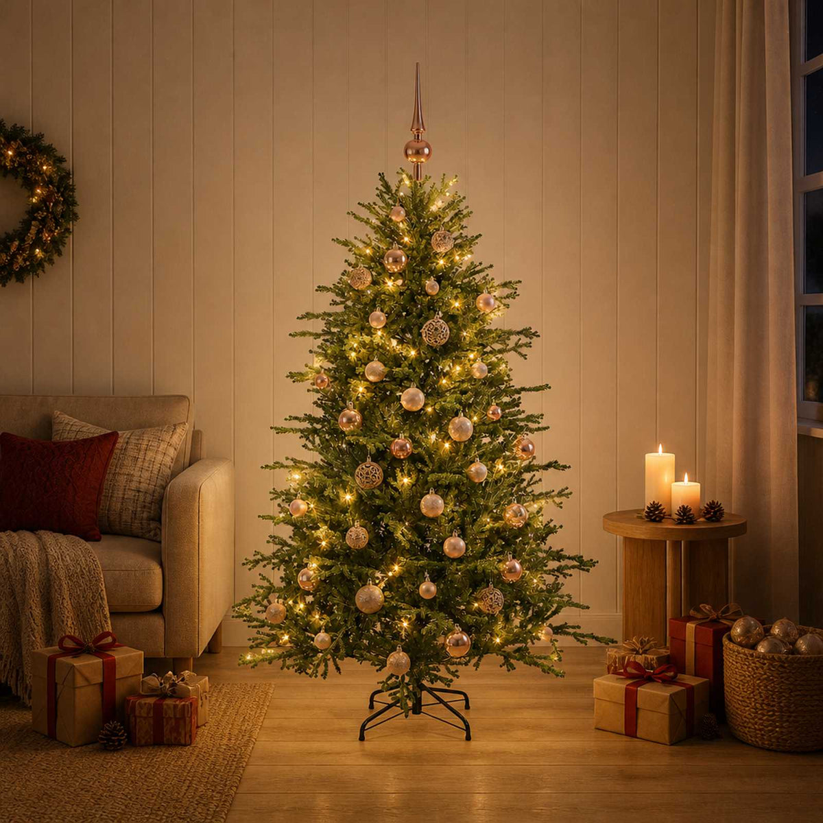 Konstgjord julgran med julkulor 150 cm 150 LED-lampor Varmvit