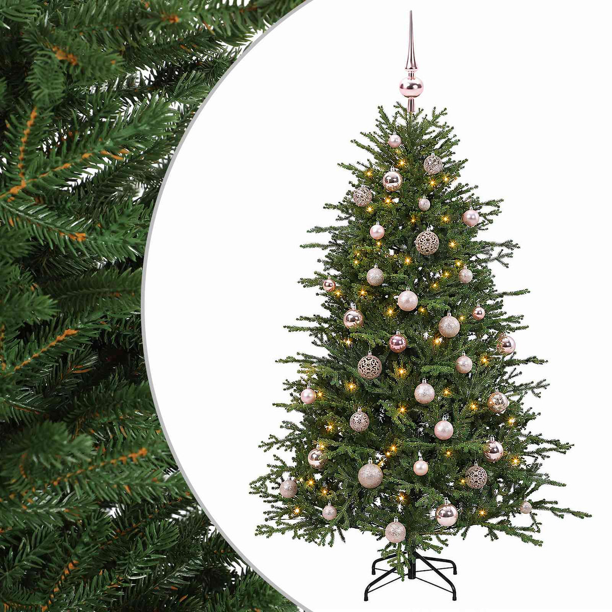 Konstgjord julgran med julkulor 150 cm 150 LED-lampor Varmvit