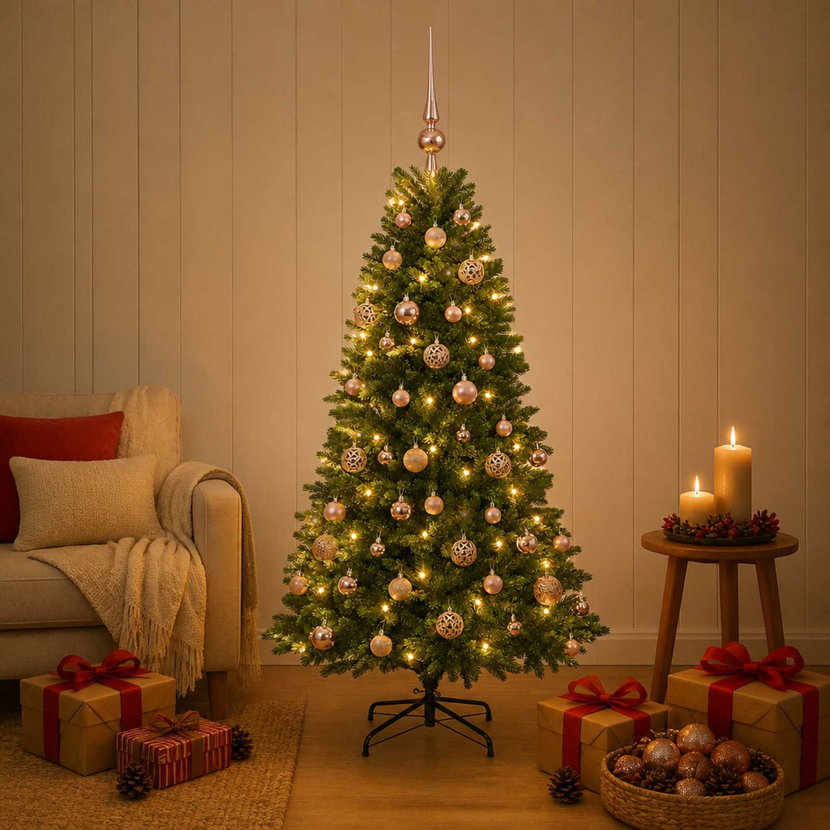 Konstgjord julgran med kulor 150 cm 150 LED-lampor Varmvit