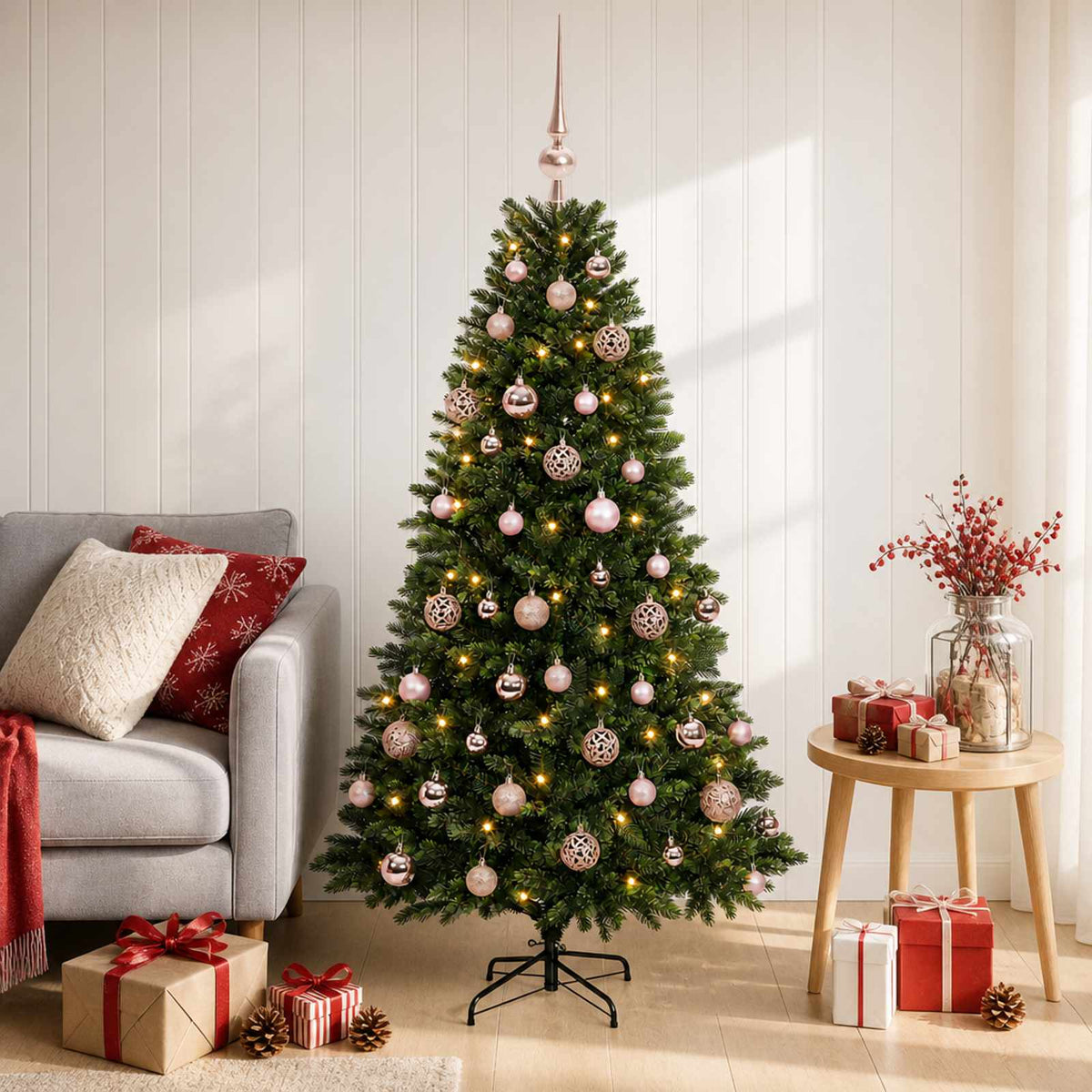Konstgjord julgran med kulor 120 cm 150 LED-lampor Varmvit