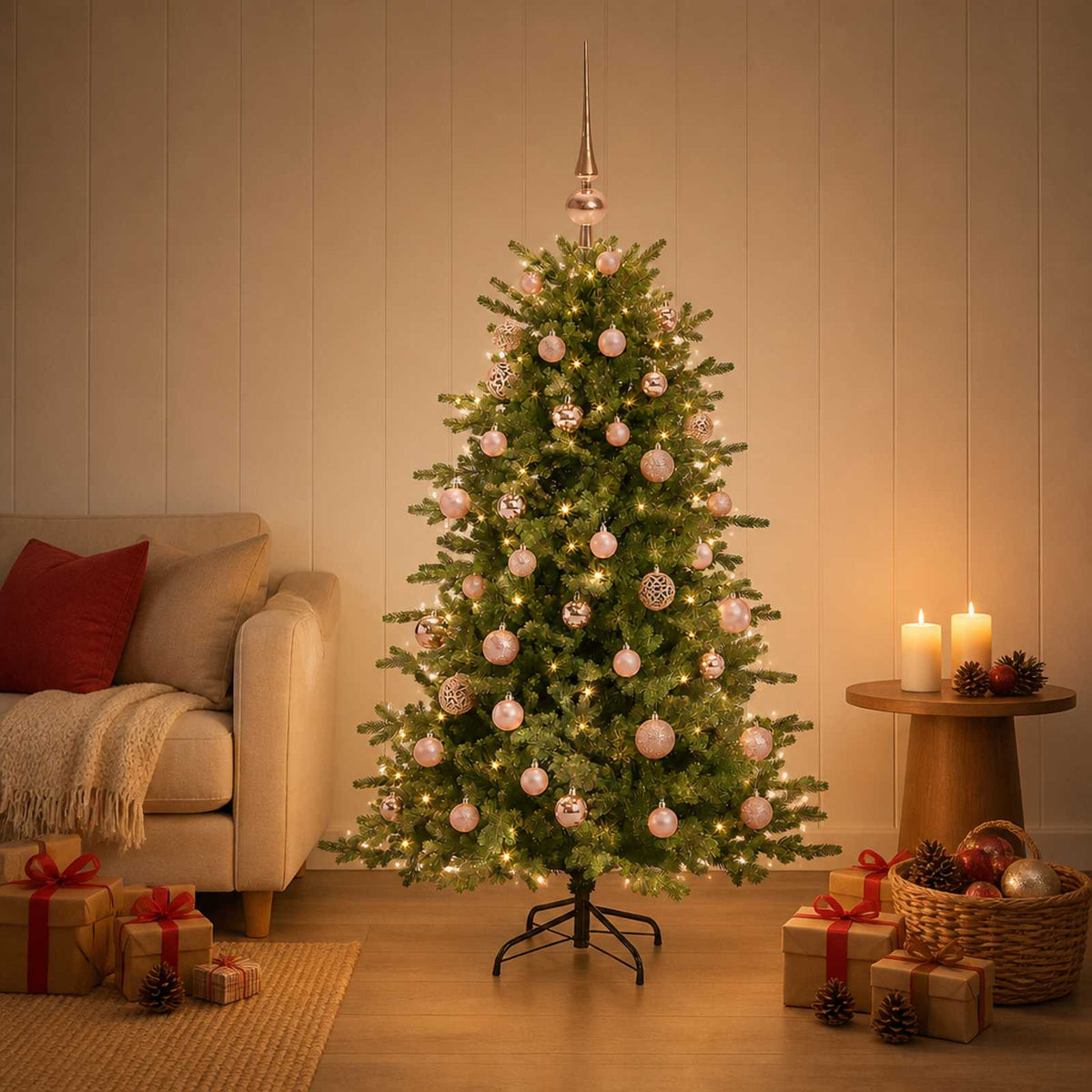 Konstgjord julgran med julkulor 120 cm 150 LED-lampor Varmvit