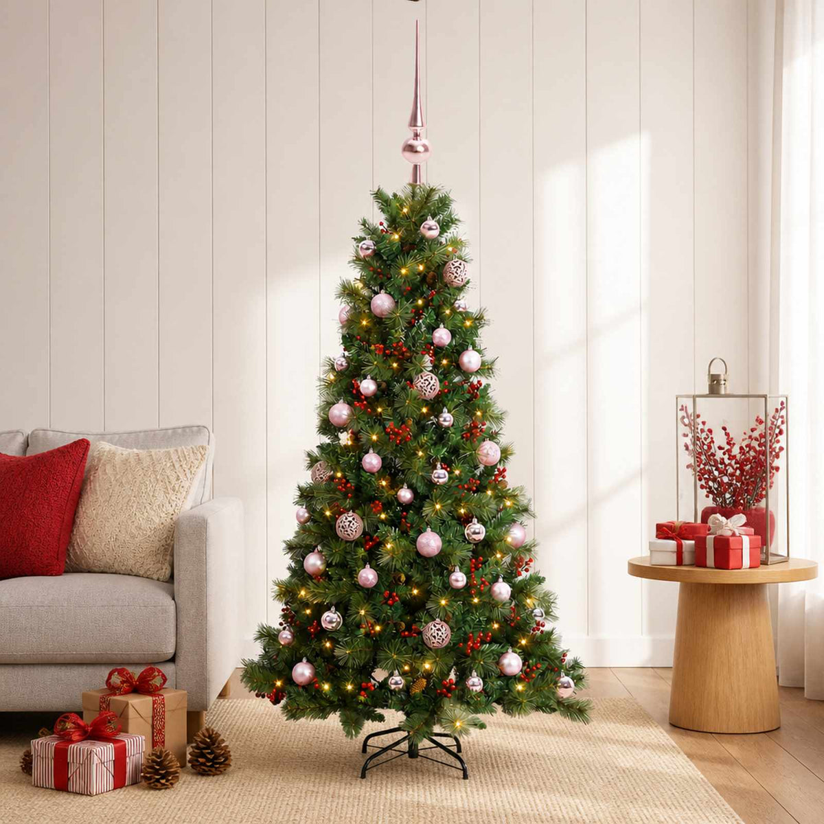 Konstgjord julgran med julkulor 150 cm 150 LED-lampor Varmvit