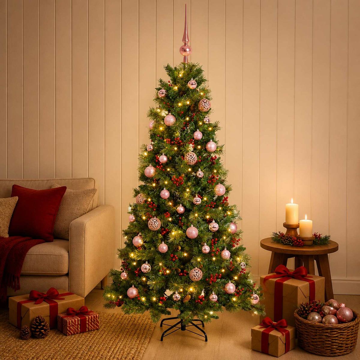 Konstgjord julgran med julkulor 150 cm 150 LED-lampor Varmvit