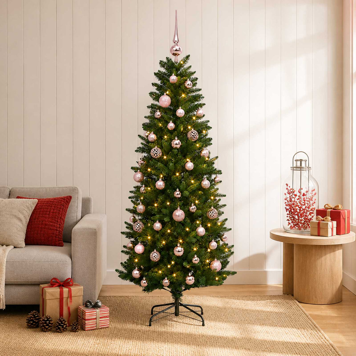 Konstgjord julgran med kulor 150 cm 150 LED-lampor Varmvit