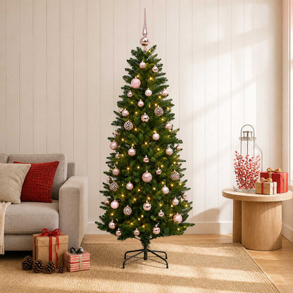 Konstgjord julgran med kulor 150 cm 150 LED-lampor Varmvit