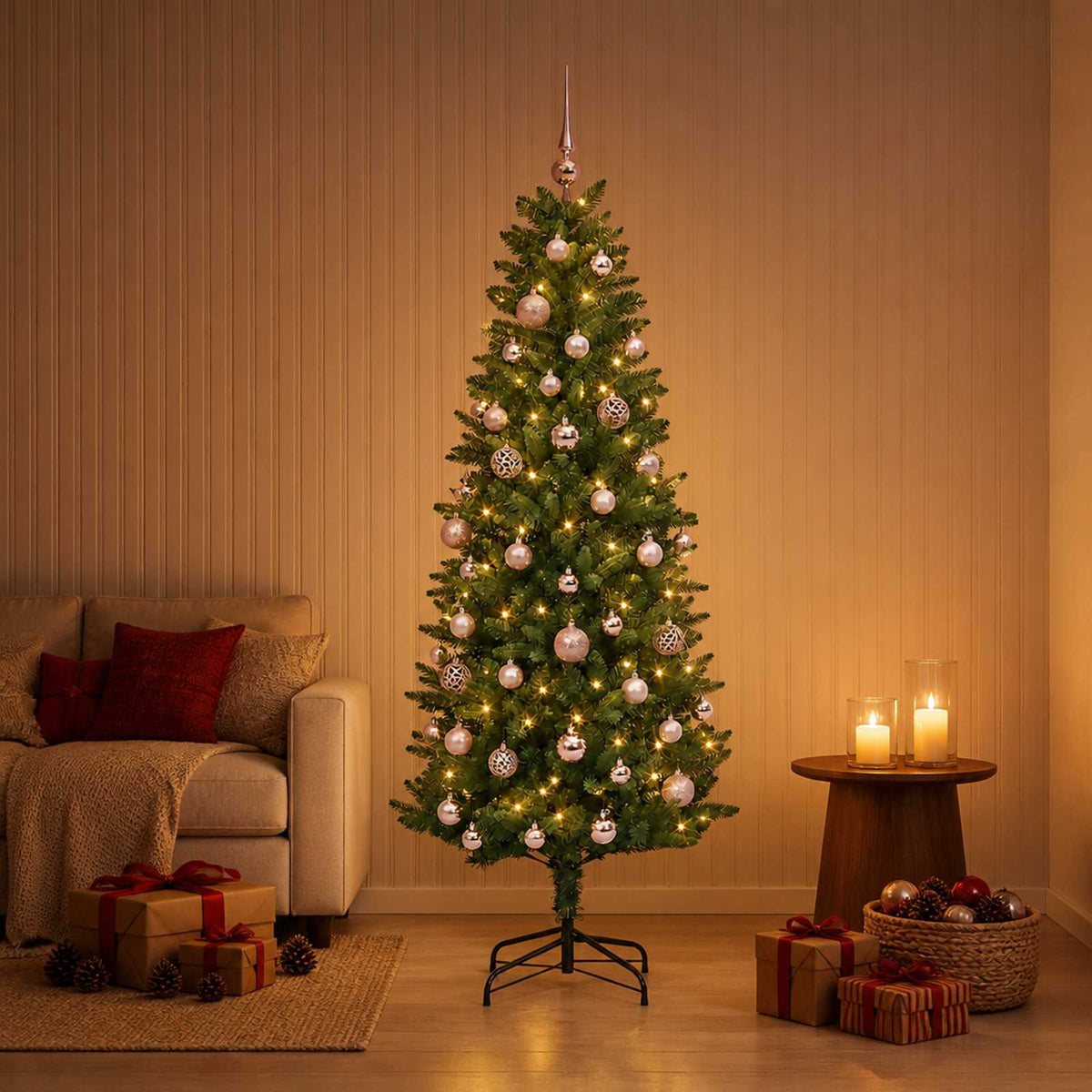 Konstgjord julgran med kulor 120 cm 150 LED-lampor Varmvit