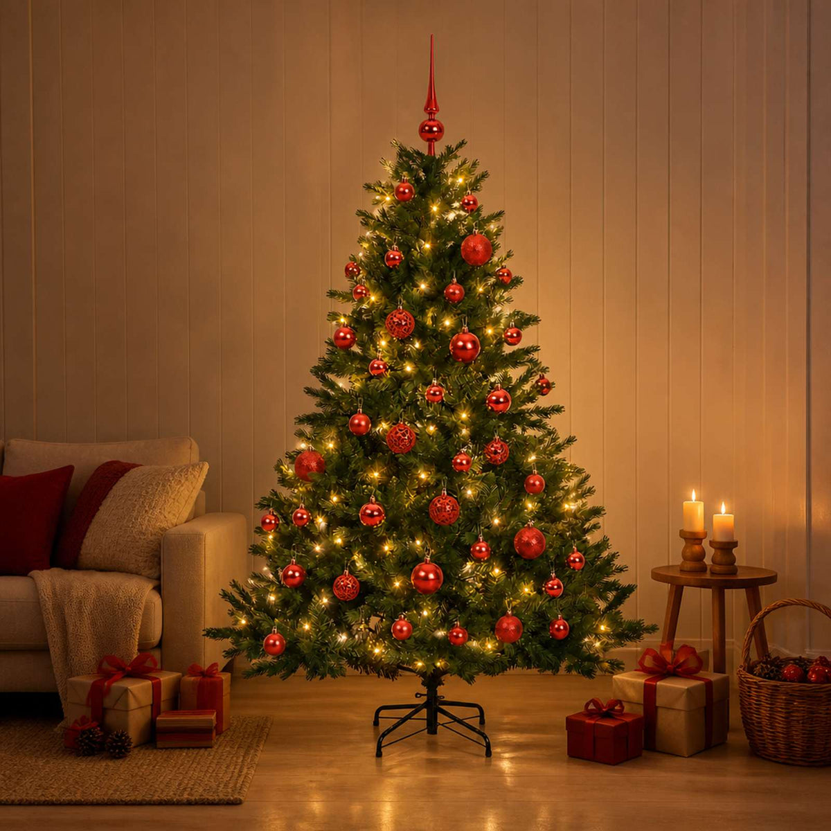 Konstgjord julgran med julkulor 150 cm 150 LED-lampor Varmvit