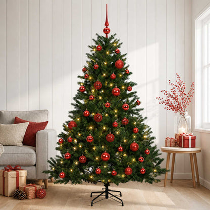 Konstgjord julgran med julkulor 150 cm 150 LED-lampor Varmvit