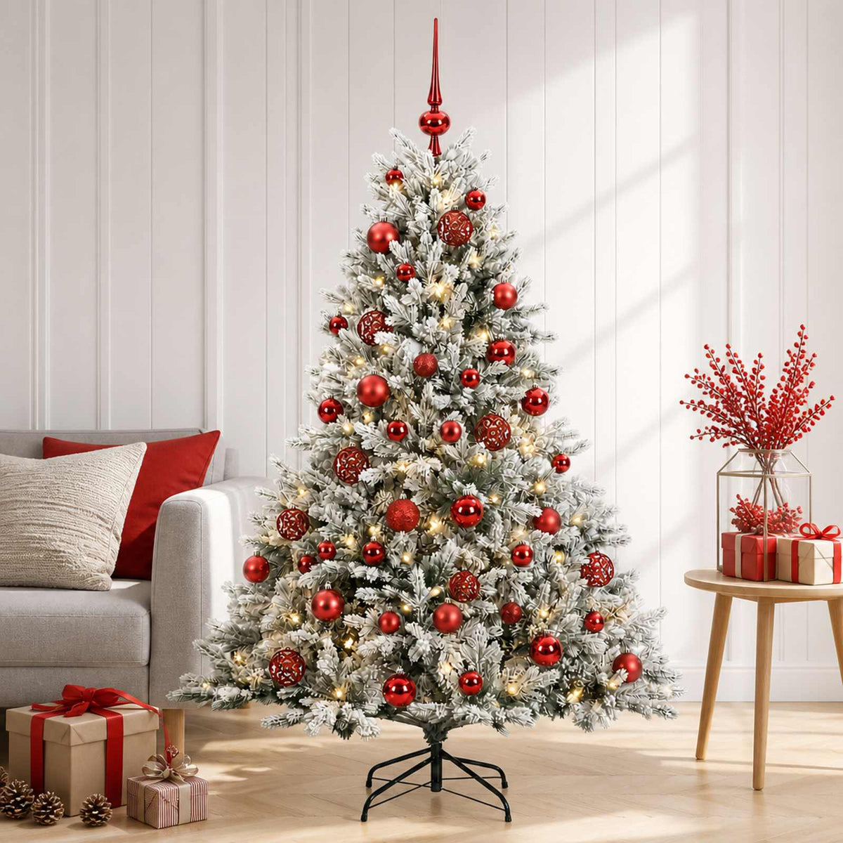 Konstgjord julgran med julkulor 150 cm 150 LED-lampor Varmvit