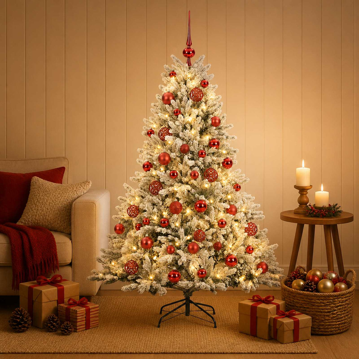 Konstgjord julgran med julkulor 120 cm 150 LED-lampor Varmvit