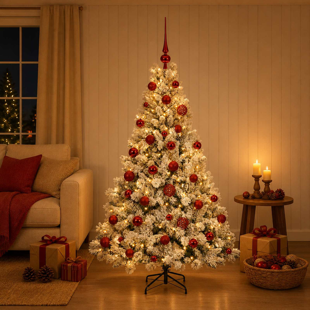 Konstgjord julgran med kulor 120 cm 150 LED-lampor Varmvit