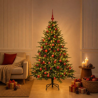 Konstgjord julgran med julkulor 150 cm 150 LED-lampor Varmvit