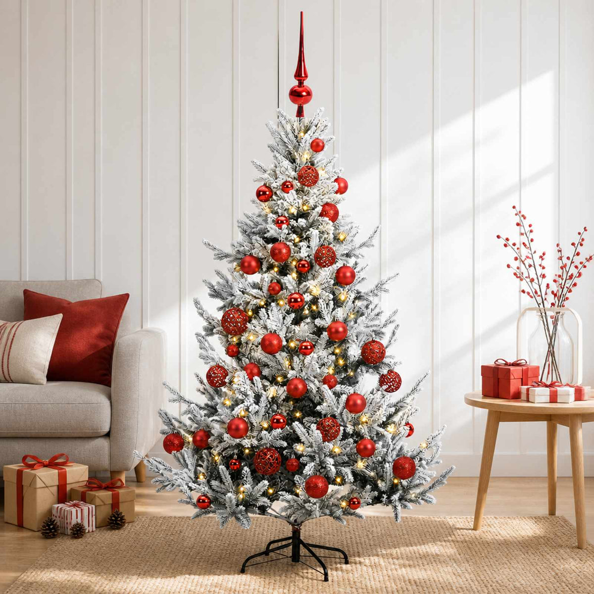 Konstgjord julgran med julkulor 120 cm 150 LED-lampor Varmvit