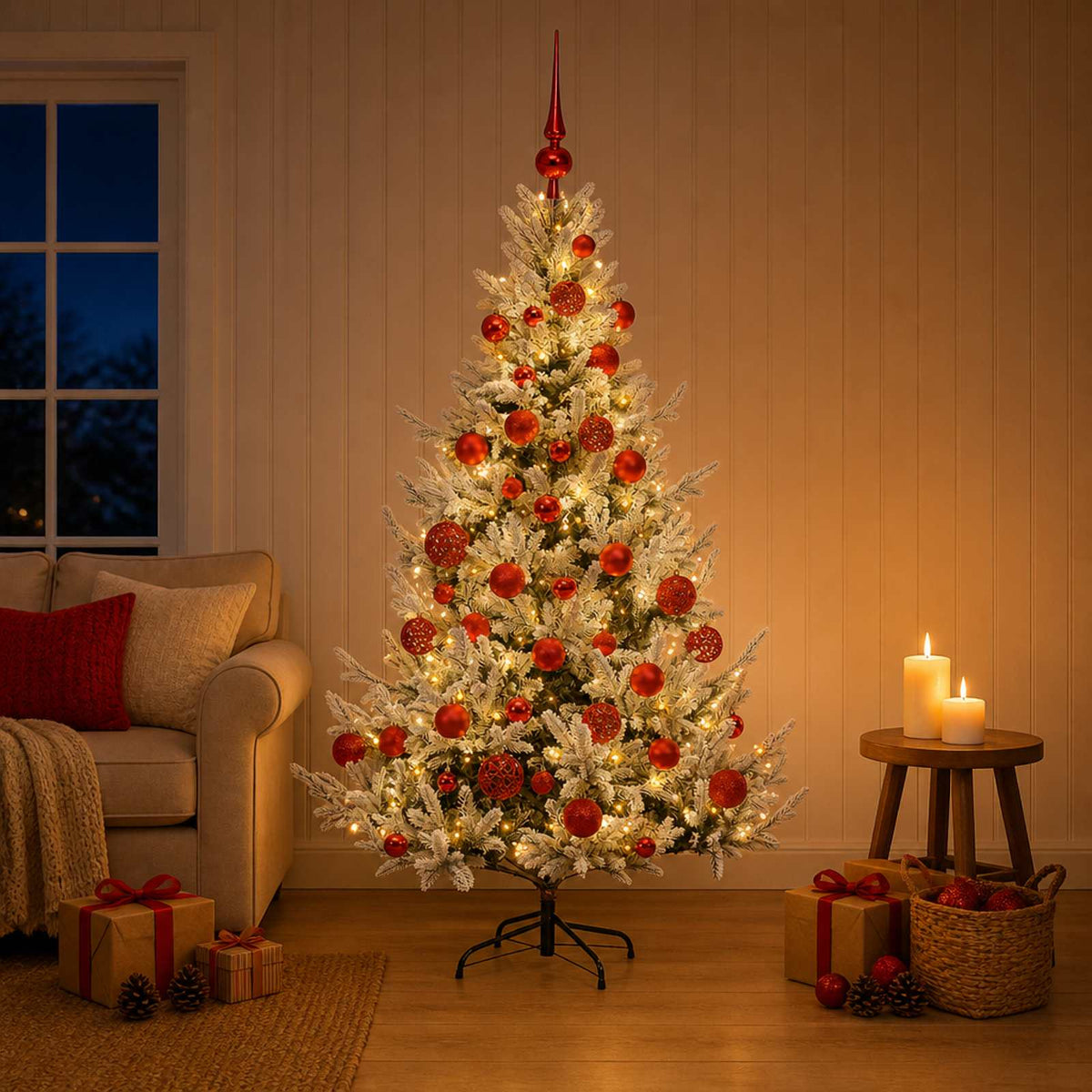 Konstgjord julgran med julkulor 120 cm 150 LED-lampor Varmvit