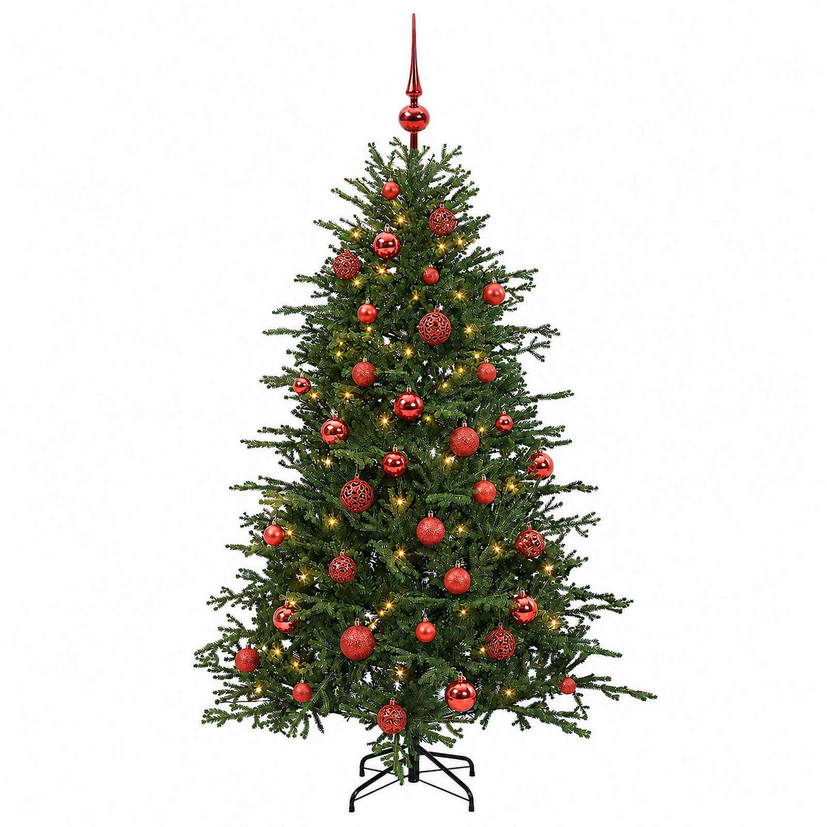 Konstgjord julgran med julkulor 120 cm 150 LED-lampor Varmvit