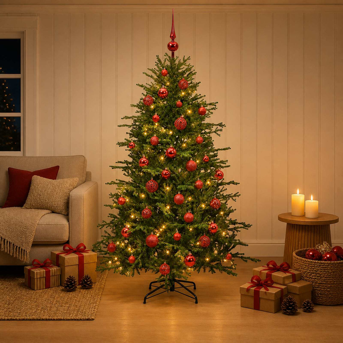 Konstgjord julgran med julkulor 120 cm 150 LED-lampor Varmvit