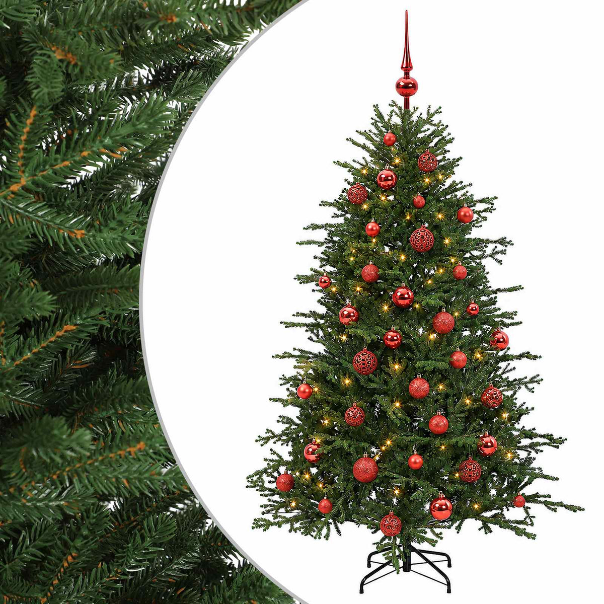 Konstgjord julgran med julkulor 150 cm 150 LED-lampor Varmvit