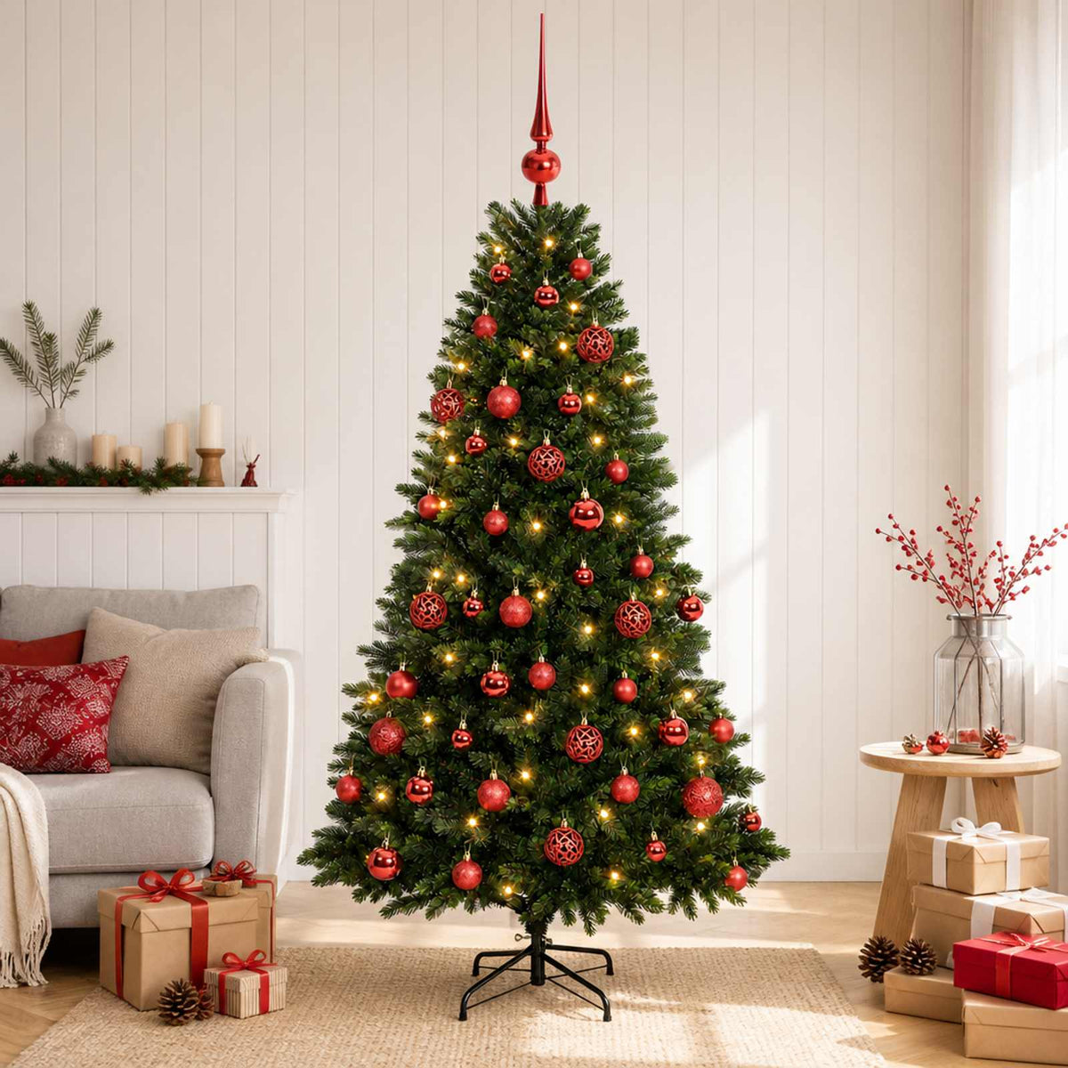 Konstgjord julgran med kulor 120 cm 150 LED-lampor Varmvit