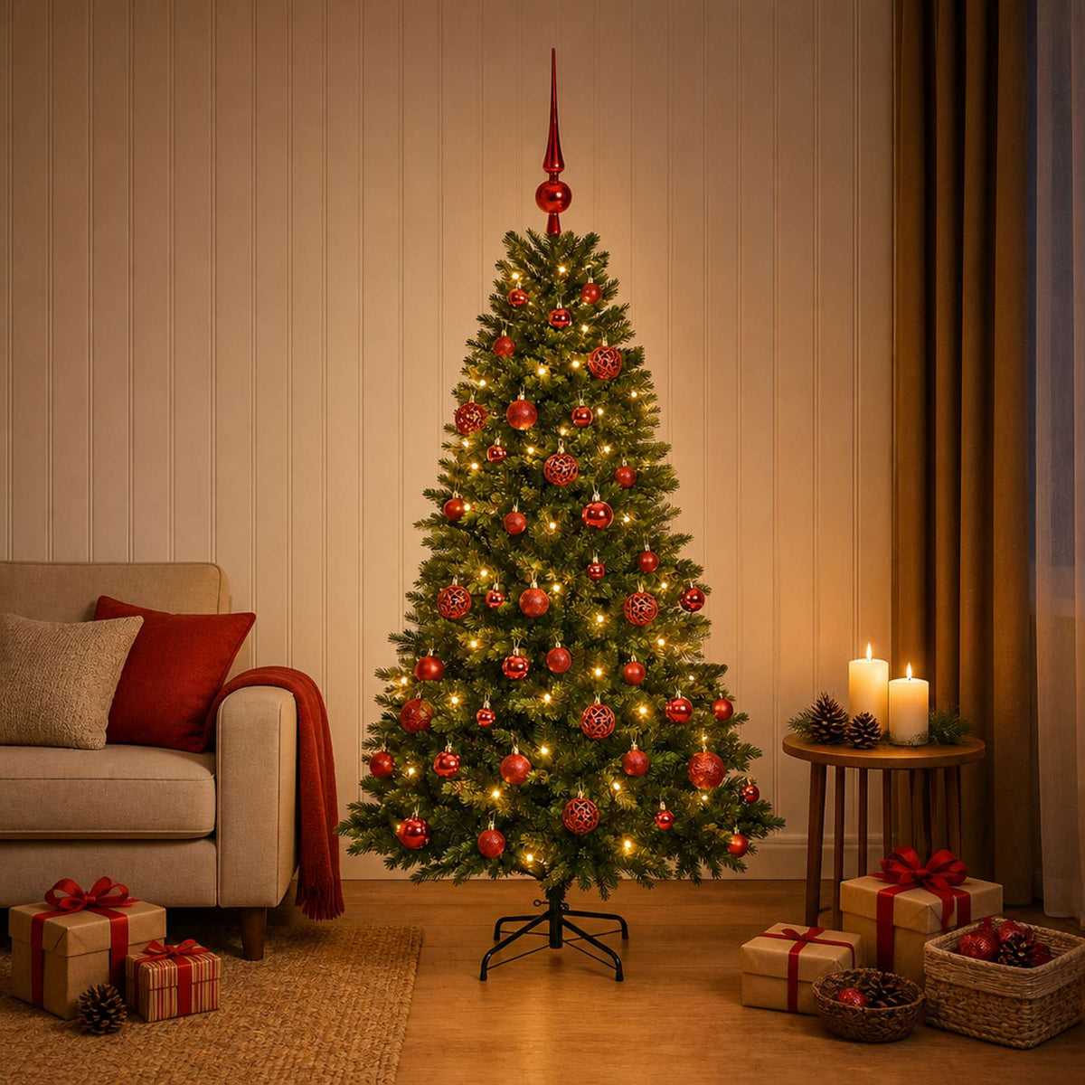 Konstgjord julgran med kulor 120 cm 150 LED-lampor Varmvit