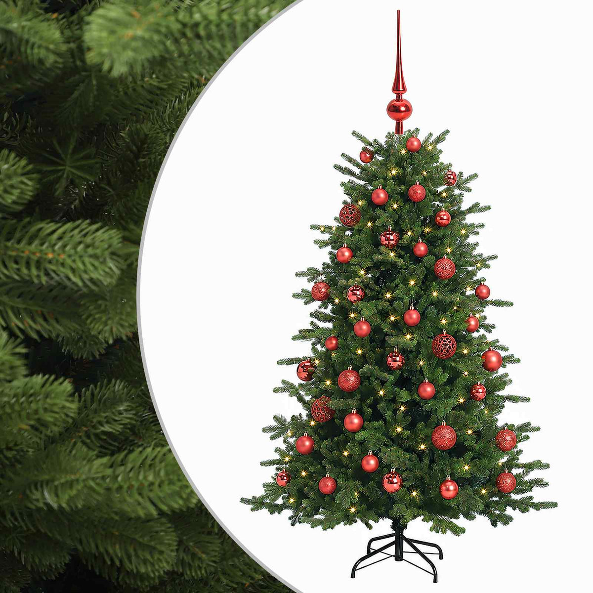 Konstgjord julgran med julkulor 120 cm 150 LED-lampor Varmvit