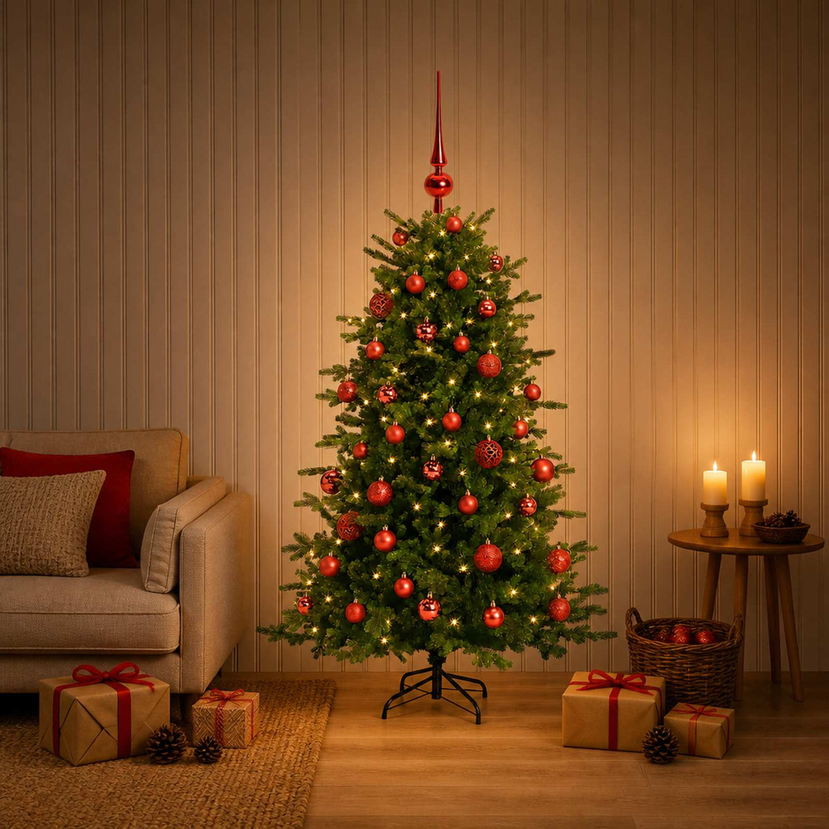 Konstgjord julgran med julkulor 150 cm 150 LED-lampor Varmvit