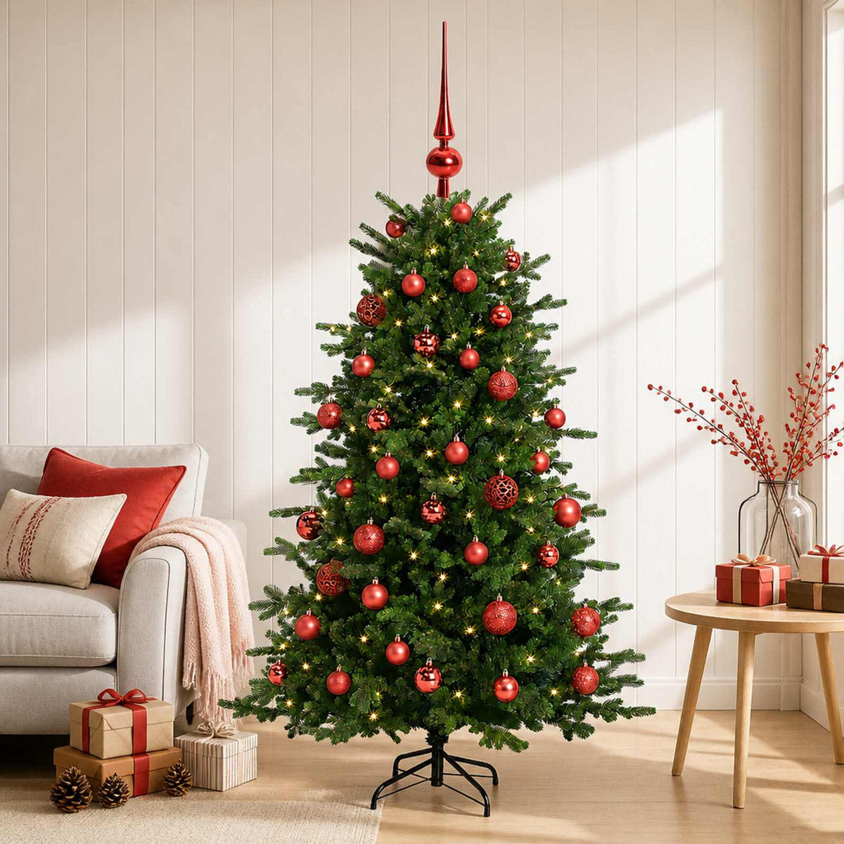 Konstgjord julgran med julkulor 150 cm 150 LED-lampor Varmvit
