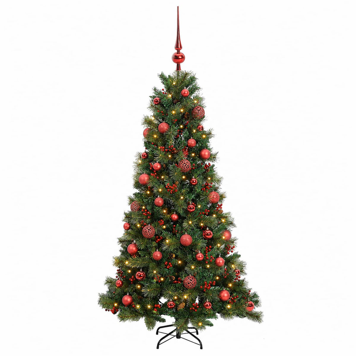 Konstgjord julgran med julkulor 150 cm 150 LED-lampor Varmvit
