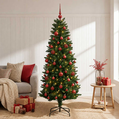 Konstgjord julgran med kulor 150 cm 150 LED-lampor Varmvit