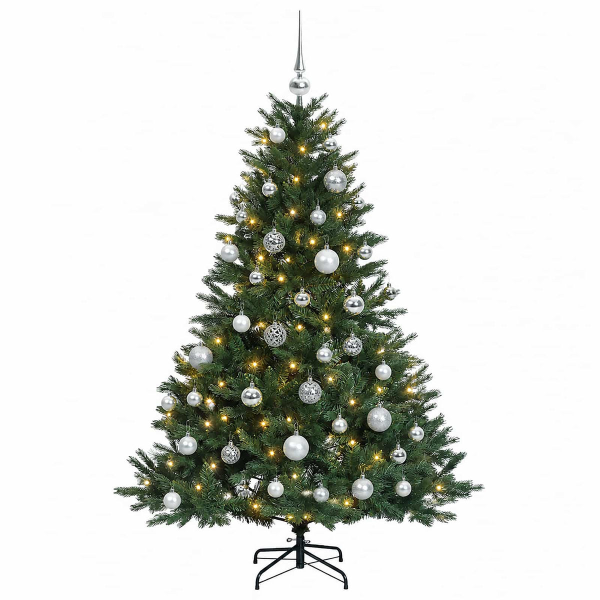 Konstgjord julgran med julkulor 120 cm 150 LED-lampor Varmvit