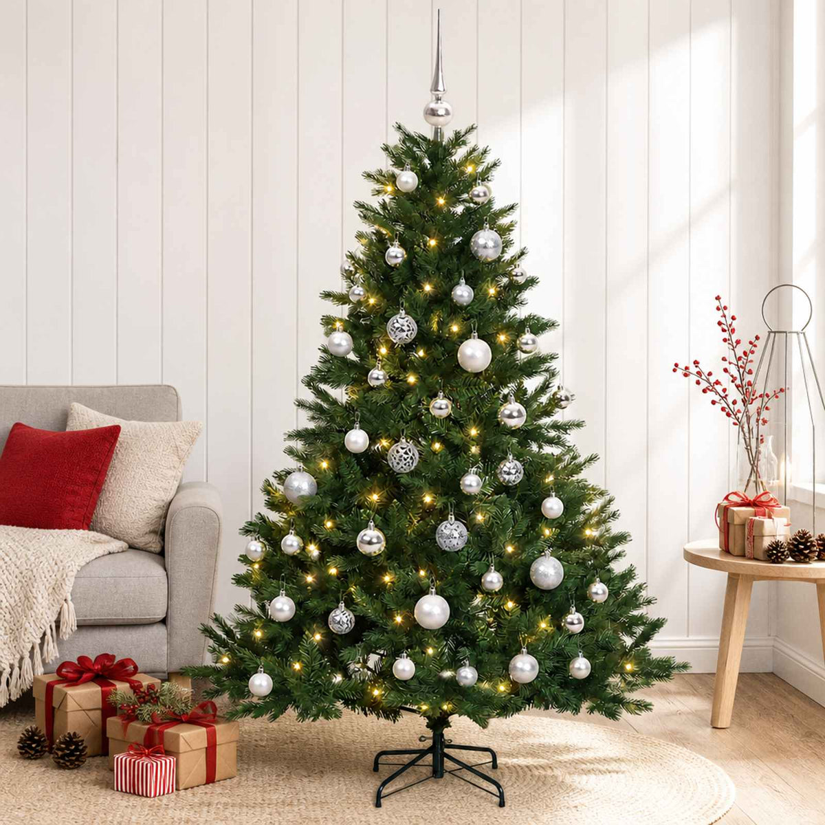 Konstgjord julgran med julkulor 120 cm 150 LED-lampor Varmvit