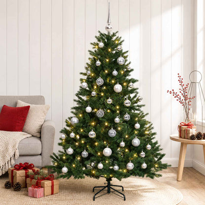 Konstgjord julgran med julkulor 120 cm 150 LED-lampor Varmvit