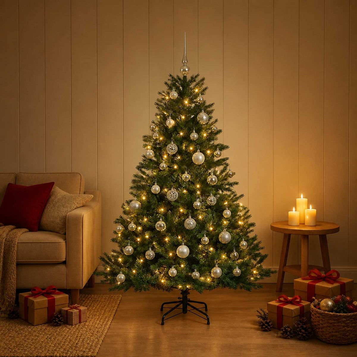Konstgjord julgran med julkulor 120 cm 150 LED-lampor Varmvit
