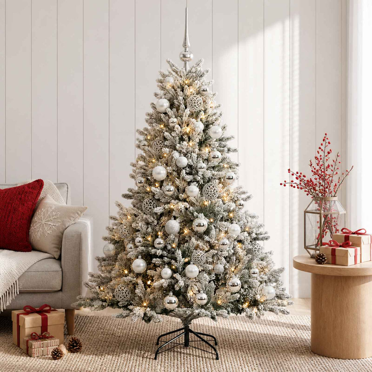 Konstgjord julgran med julkulor 150 cm 150 LED-lampor Varmvit