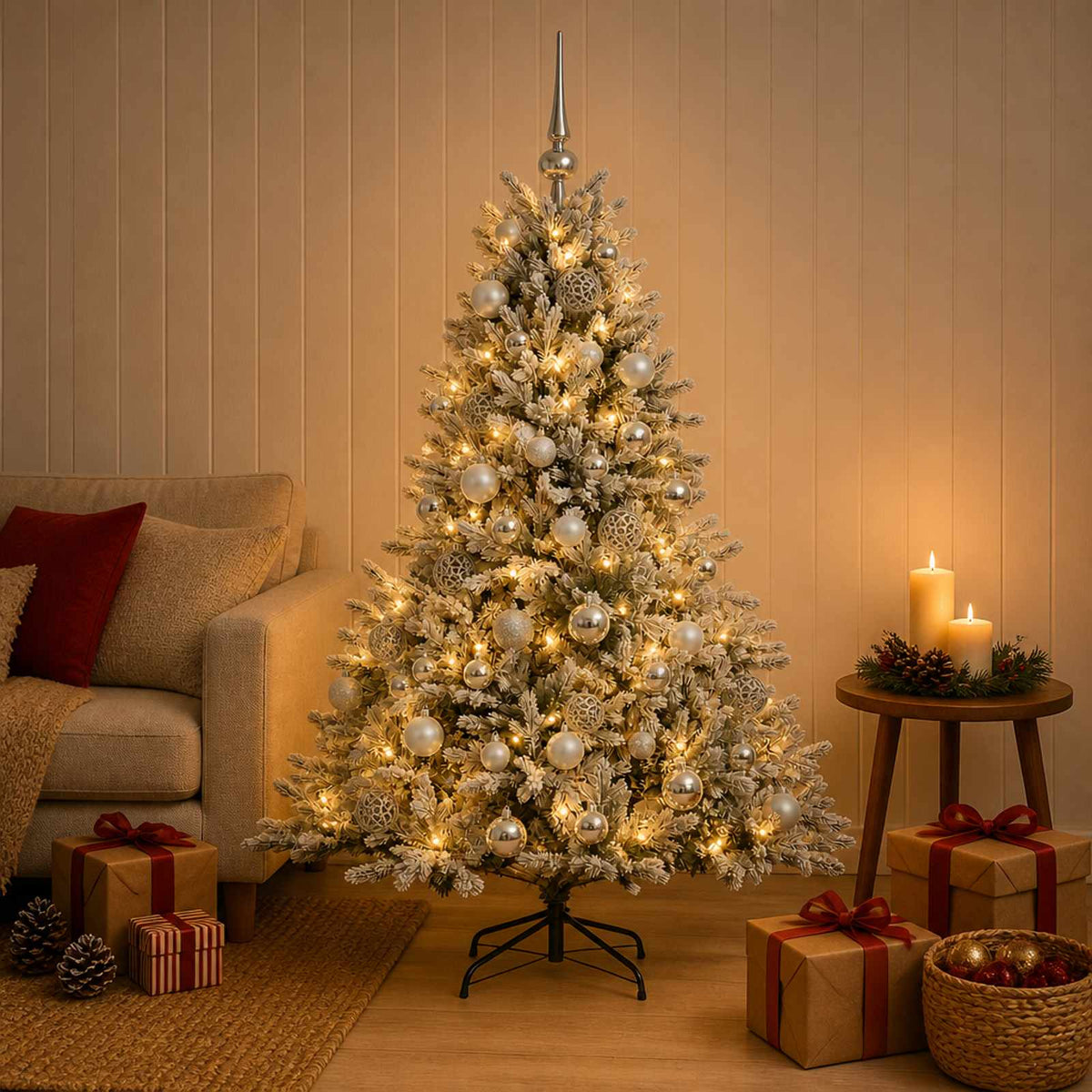 Konstgjord julgran med julkulor 150 cm 150 LED-lampor Varmvit