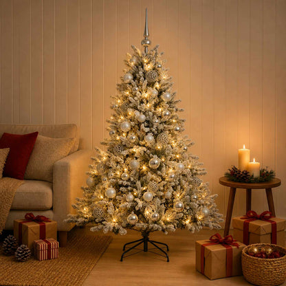 Konstgjord julgran med julkulor 150 cm 150 LED-lampor Varmvit