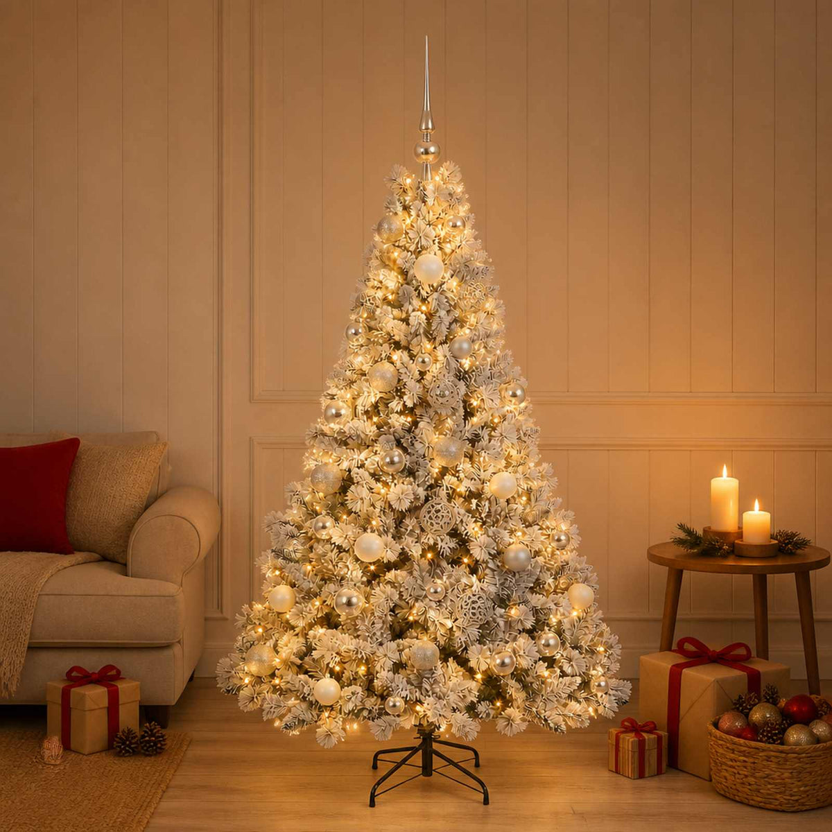 Konstgjord julgran med kulor 120 cm 150 LED-lampor Varmvit